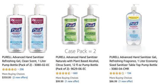 在亚马逊搜索首页上，两瓶洗手液的价格高达350美元